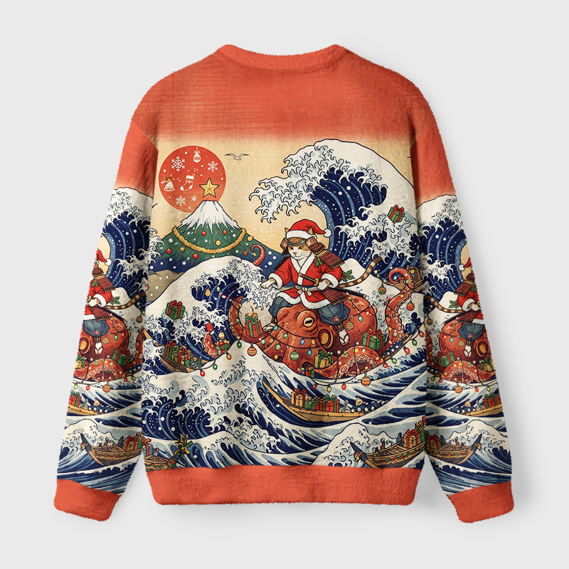 Tokyo-Tiger Ukiyo-E Christmas Samurai Cat Riding Octopus Fuzzy Christmas Ugly Sweatshirt