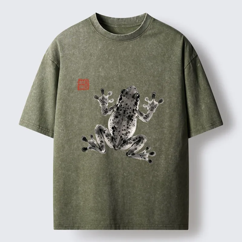 Tokyo-Tiger Ink Frog Painting Washed T-Shirt