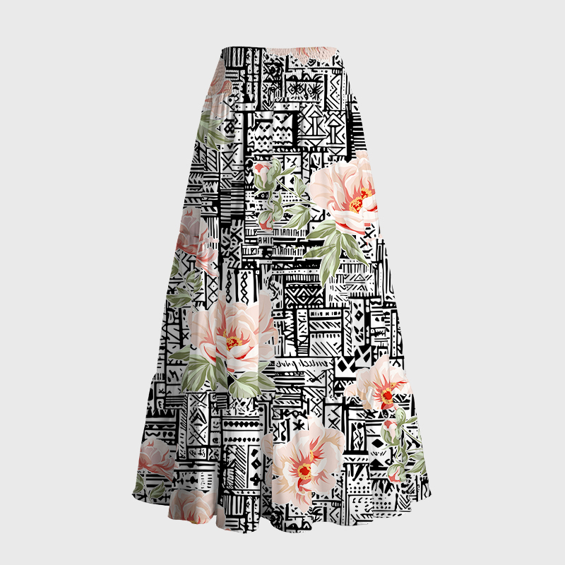 Tokyo-Tiger Flowers In Line Art Maxi Skirt