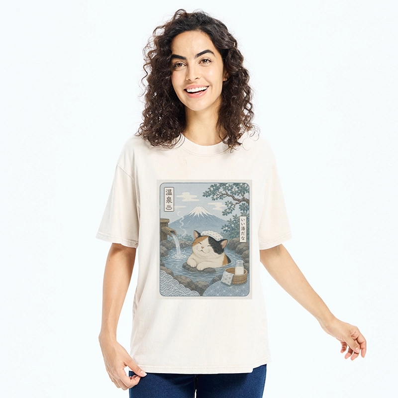 Tokyo-Tiger Mount Fuji Onsen Cat Calming Art Washed T-Shirt