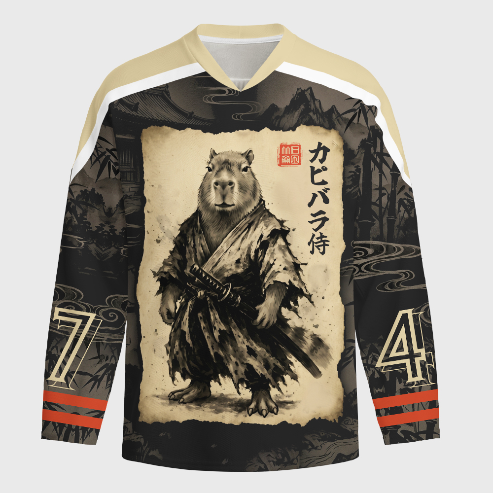 Tokyo-Tiger Calm Blade Capybara Samurai Long-Sleeve Hockey Jersey