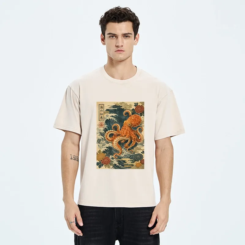Tokyo-Tiger Wise Octopus Sea Wave Ukiyo E Art Washed T-Shirt