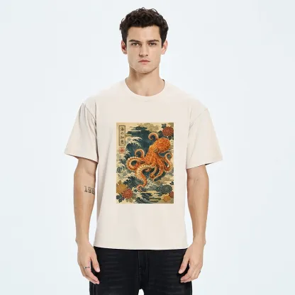 Tokyo-Tiger Wise Octopus Sea Wave Ukiyo E Art Washed T-Shirt