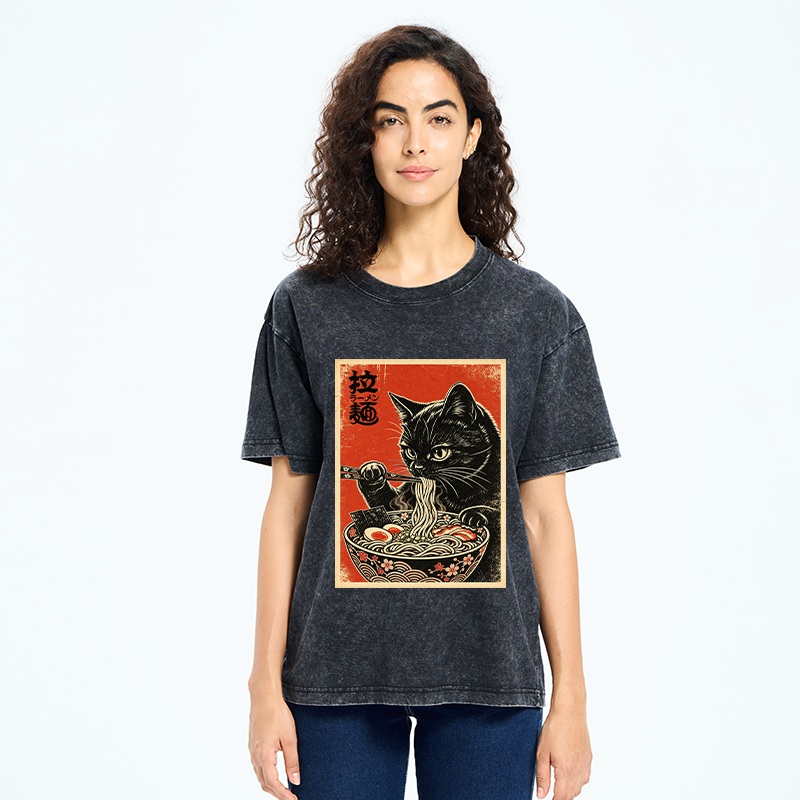 Tokyo-Tiger Japanese Ramen Cat Art Washed T-Shirt
