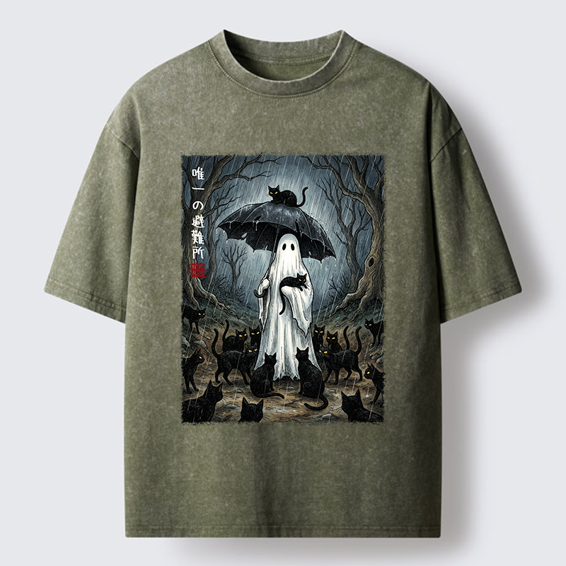 Tokyo‑Tiger Ghost Cat Shelter Washed T‑Shirt