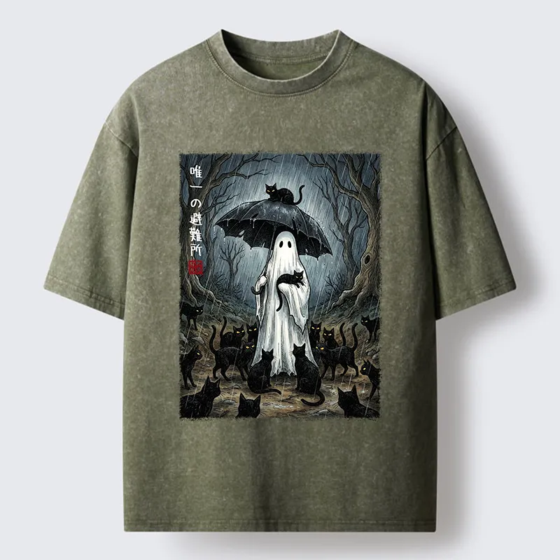 Tokyo‑Tiger Ghost Cat Shelter Washed T‑Shirt