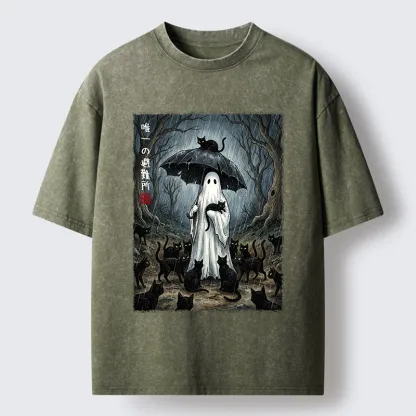 Tokyo‑Tiger Ghost Cat Shelter Washed T‑Shirt
