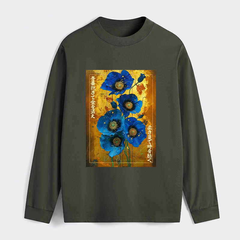 Tokyo-Tiger Shiny Blue Flower Warm Golden Background Classic Long Sleeve T-Shirt