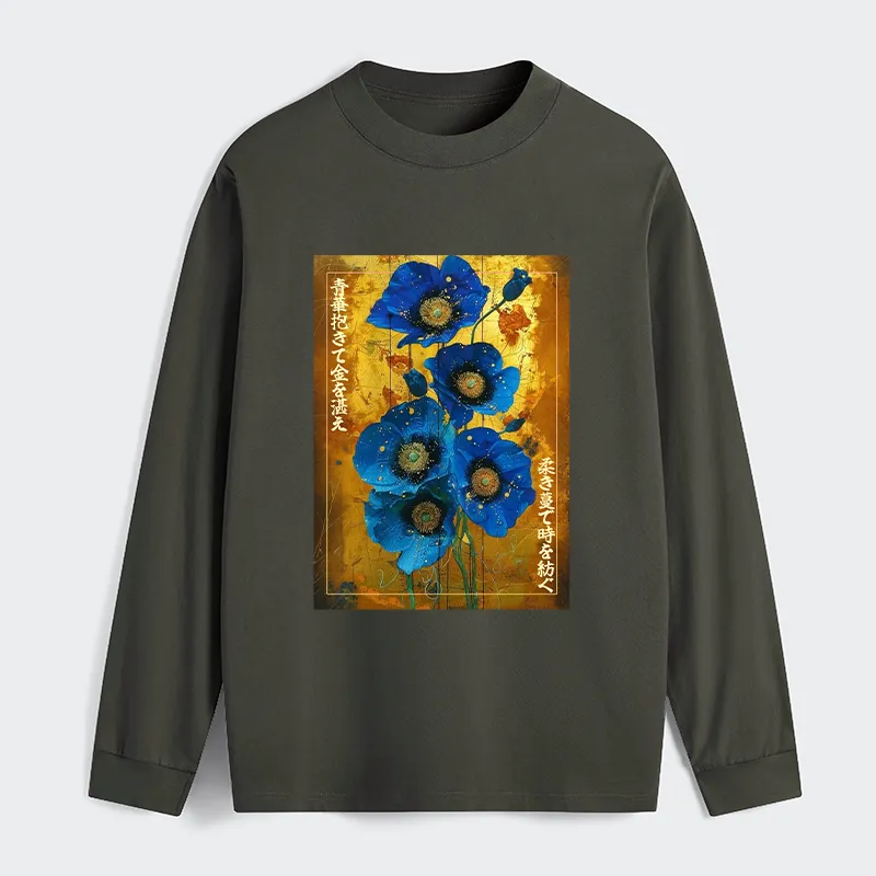 Tokyo-Tiger Shiny Blue Flower Warm Golden Background Classic Long Sleeve T-Shirt