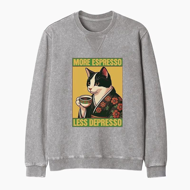 Tokyo-Tiger Tuxedo Cat Drinking Coffee Washed Terry Sweatshirt