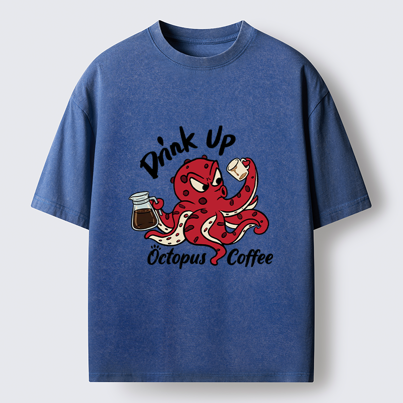 Tokyo-Tiger Red Octopus Drinking Coffee Washed T-Shirt