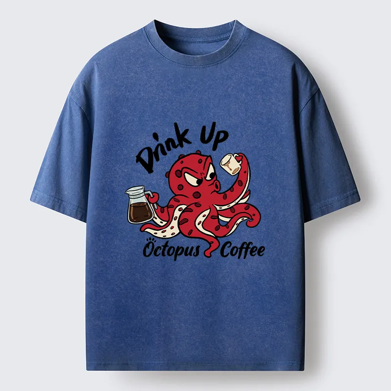 Tokyo-Tiger Red Octopus Drinking Coffee Washed T-Shirt