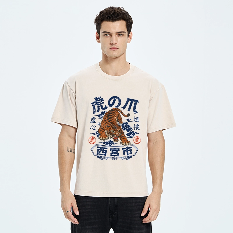 Tokyo-Tiger Brave Tiger Traditional Print Washed T-Shirt