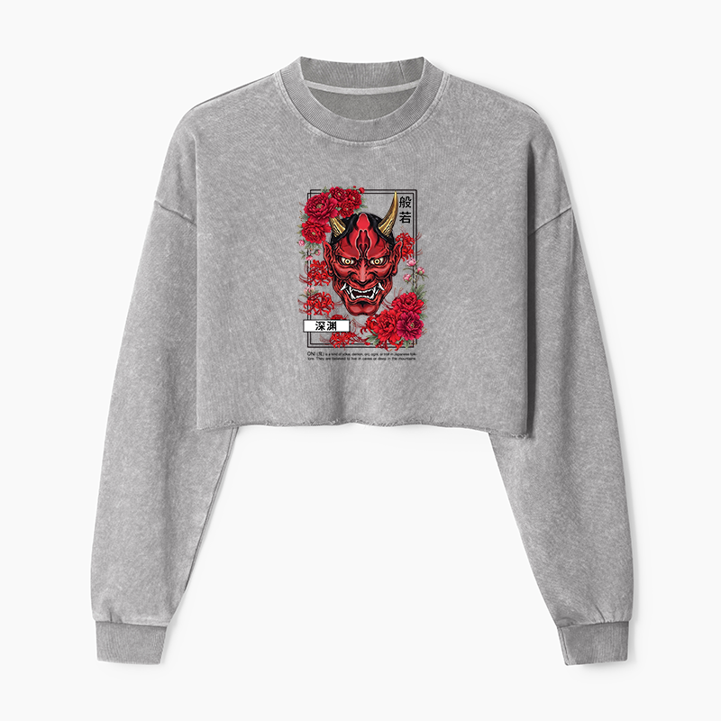 Tokyo-Tiger Cool Oni Floral Art Washed Crop Sweatshirt