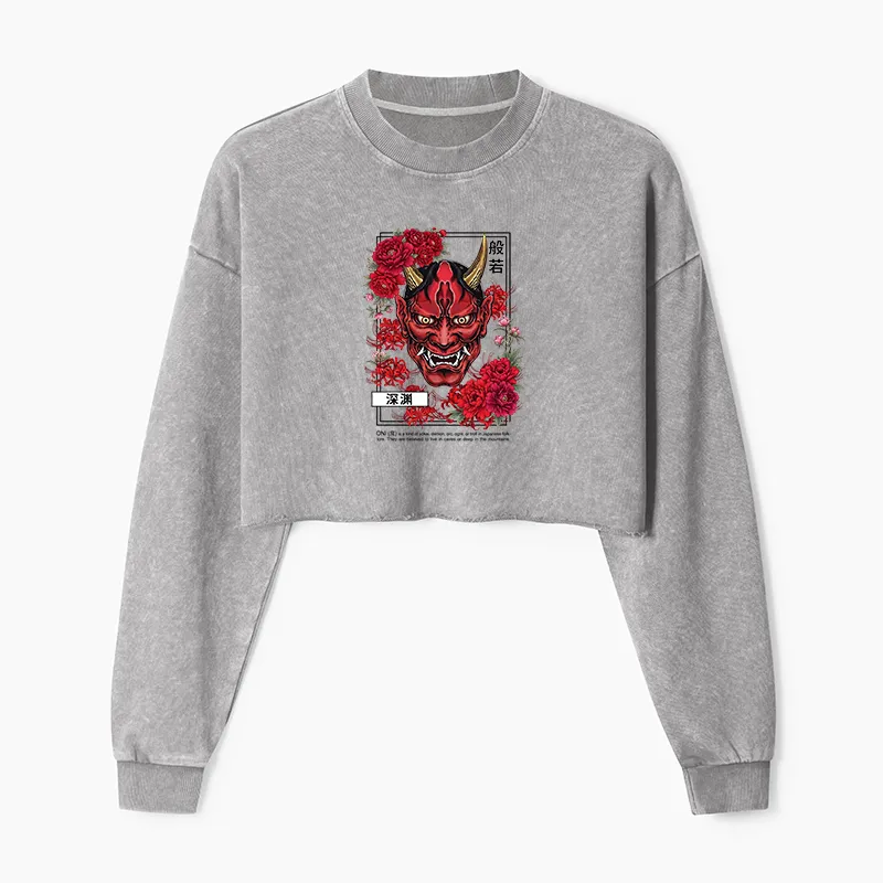 Tokyo-Tiger Cool Oni Floral Art Washed Crop Sweatshirt