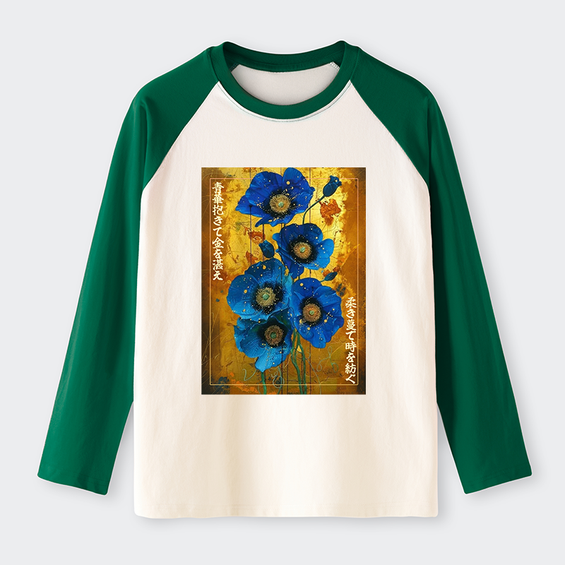 Tokyo-Tiger Shiny Blue Flower Warm Golden Background Raglan Long Sleeve T-shirt