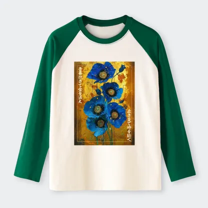 Tokyo-Tiger Shiny Blue Flower Warm Golden Background Raglan Long Sleeve T-shirt