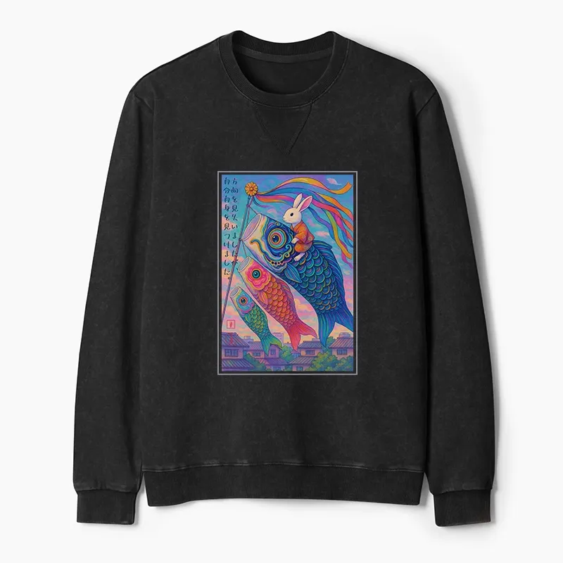 Tokyo-Tiger Ukiyoe Rabbit Ride Carp Streamer Poster Washed Terry Sweatshirt