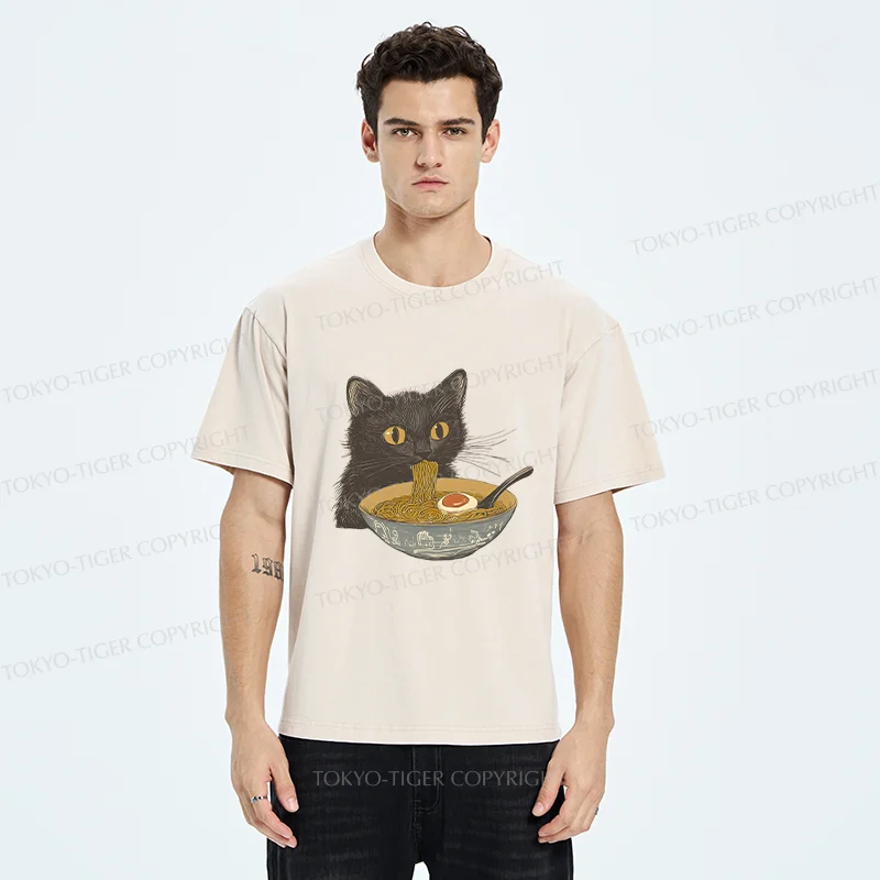 Tokyo-Tiger Cat Eating Tonkotsu Ramen Washed T-Shirt