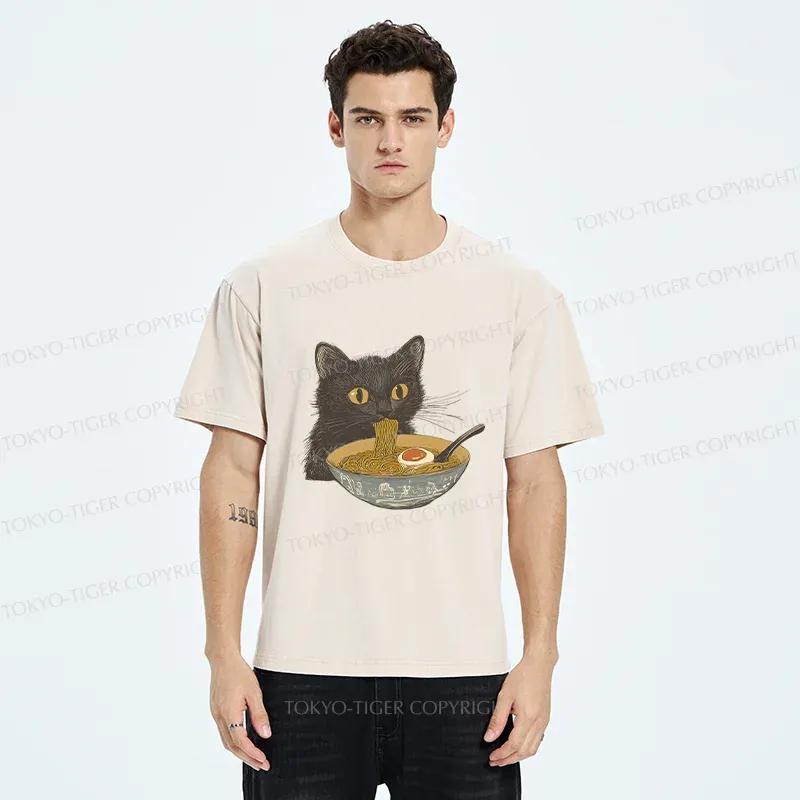 Tokyo-Tiger Cat Eating Tonkotsu Ramen Washed T-Shirt