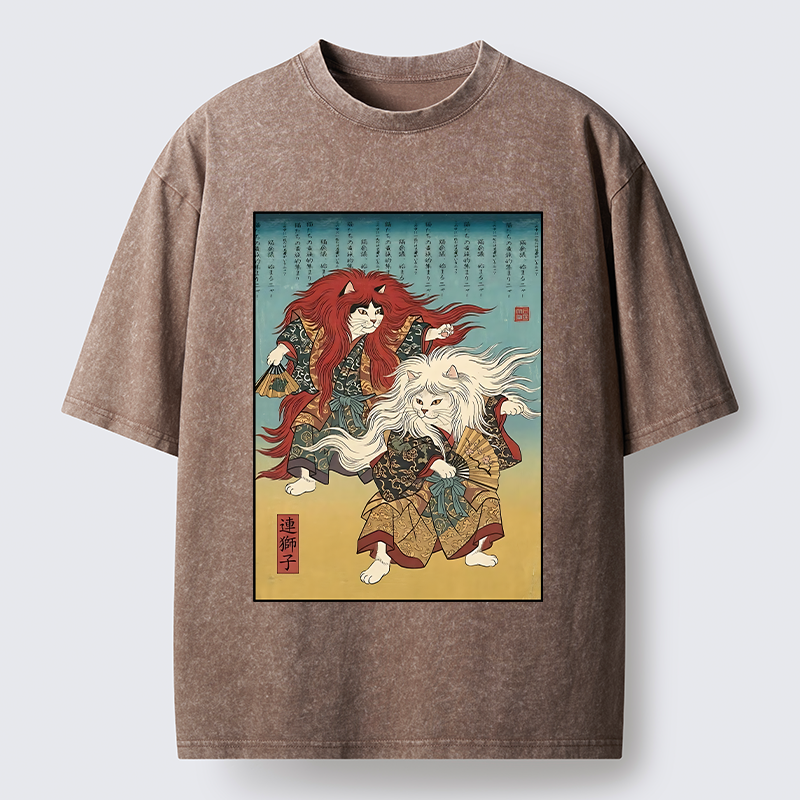 Tokyo-Tiger Traditional Japanese Kabuki Style Cat Art Washed T-Shirt