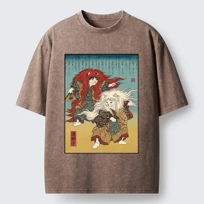 Tokyo-Tiger Traditional Japanese Kabuki Style Cat Art Washed T-Shirt