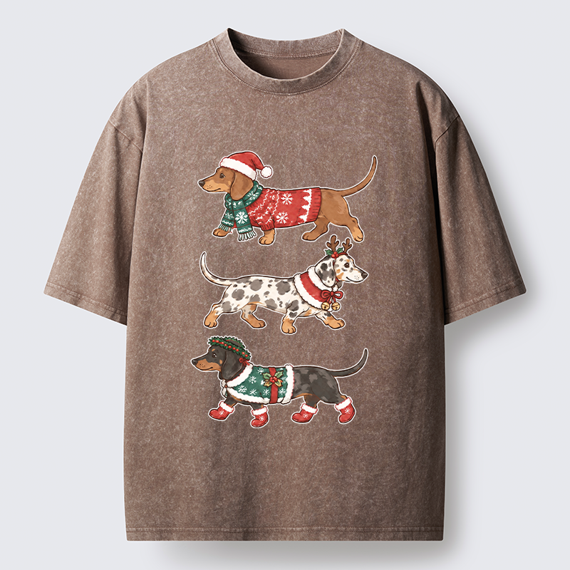 Tokyo-Tiger Christmas Dachshund Trio Washed T-Shirt