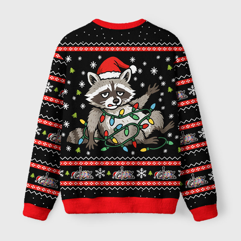 Tokyo-Tiger Raccoon Tangled In LED Strip Light Fuzzy Christmas Ugly Sweatshirt