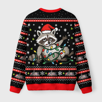 Tokyo-Tiger Raccoon Tangled In LED Strip Light Fuzzy Christmas Ugly Sweatshirt