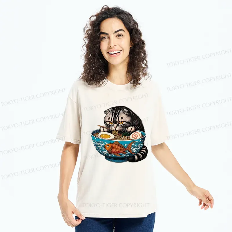 Tokyo-Tiger American Shorthair Cat Eating Ramen Washed T-Shirt