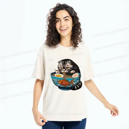 Tokyo-Tiger American Shorthair Cat Eating Ramen Washed T-Shirt