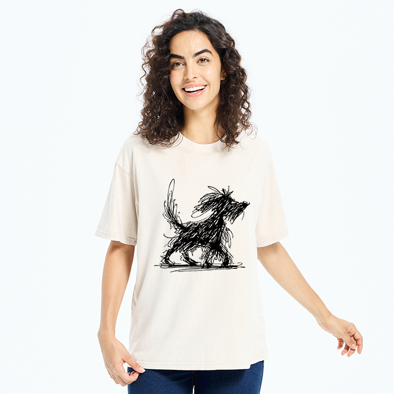 Tokyo‑Tiger Dog Line Drawing Washed T-Shirt