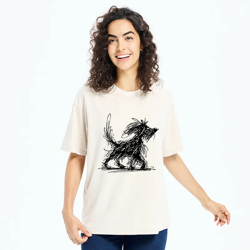 Tokyo‑Tiger Dog Line Drawing Washed T-Shirt