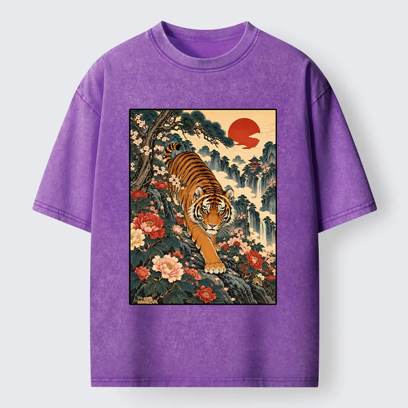 Tokyo-Tiger Vintage Ukiyo Wild Tiger Floral Graphic Washed T-Shirt