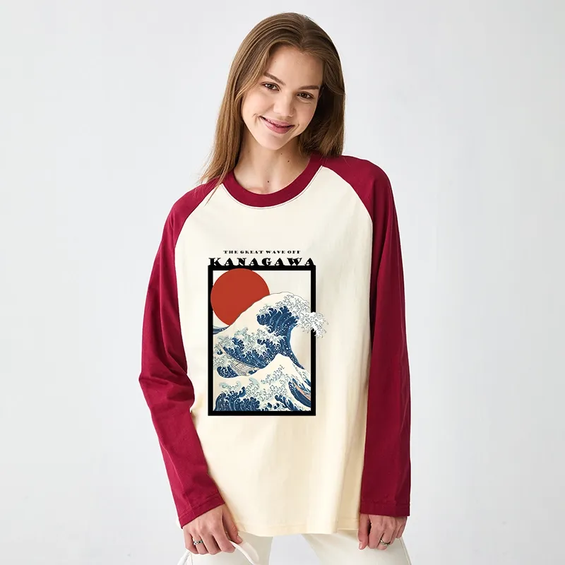 Tokyo-Tiger Minimalist Ukiyo-e Waves Raglan Long Sleeve T-shirt