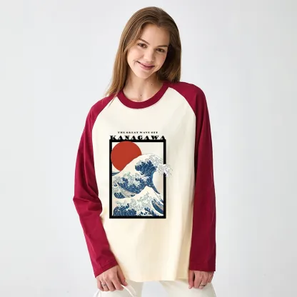 Tokyo-Tiger Minimalist Ukiyo-e Waves Raglan Long Sleeve T-shirt