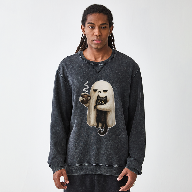Tokyo-Tiger Ghost Cat Coffee Mood Washed Terry Sweatshirt