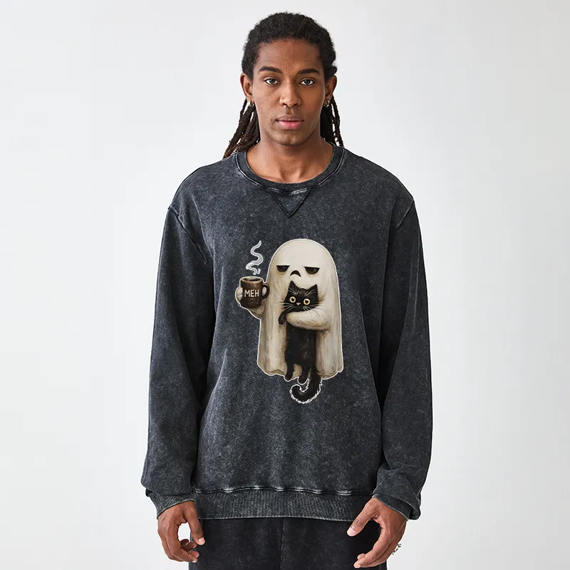 Tokyo-Tiger Ghost Cat Coffee Mood Washed Terry Sweatshirt