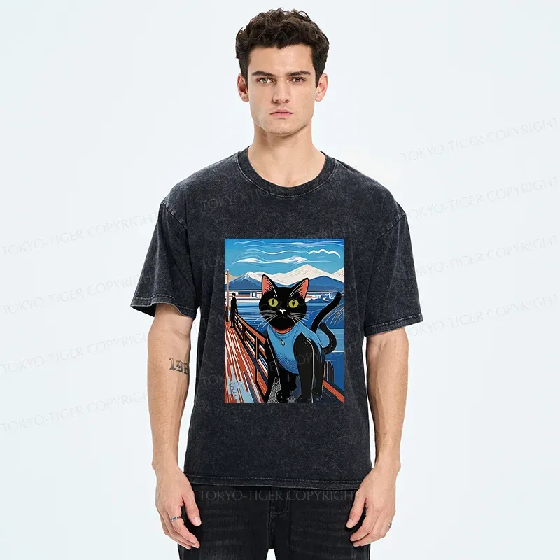 Tokyo-Tiger Cat On The Fence Washed T-Shirt