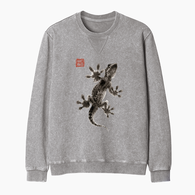 Tokyo-Tiger Minimal Asian Ink Brush Gecko Vibe Washed Terry Sweatshirt