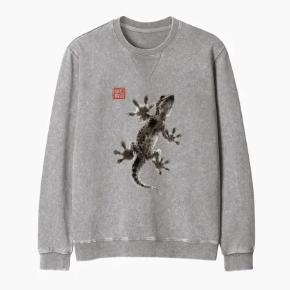 Tokyo-Tiger Minimal Asian Ink Brush Gecko Vibe Washed Terry Sweatshirt