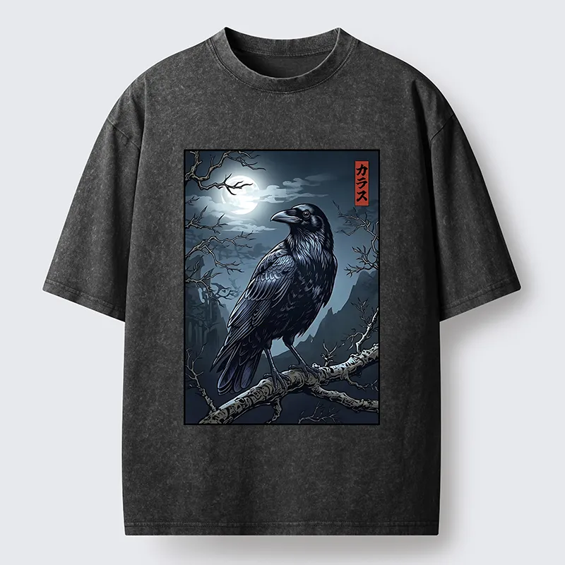 Tokyo‑Tiger Full Moon Crow Vibe Washed T‑Shirt Sale