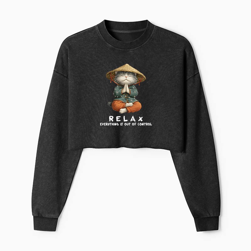 Tokyo-Tiger Zen Relax Cat Graphic Washed Crop Sweatshirt