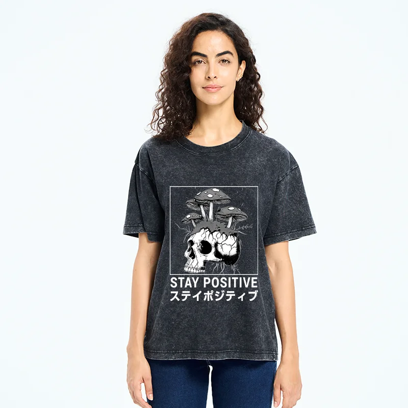 Tokyo-Tiger Stay Positive Funny Washed T-Shirt