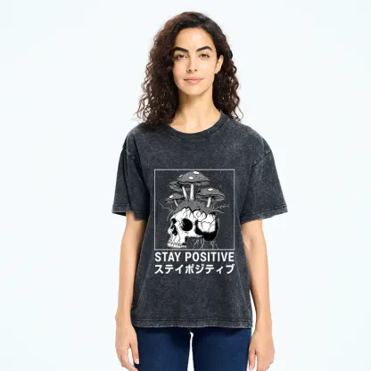 Tokyo-Tiger Stay Positive Funny Washed T-Shirt
