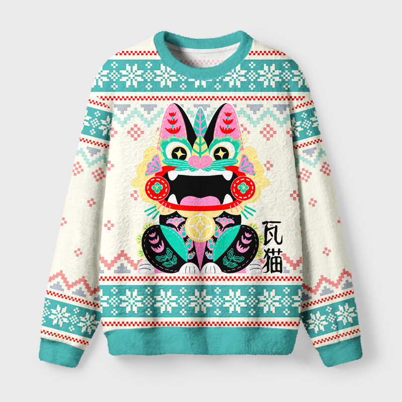Tokyo-Tiger Lucky Tile Cat Fuzzy Christmas Ugly Sweatshirt
