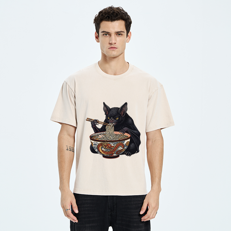 Tokyo-Tiger Bat Eating Ramen Washed T-Shirt