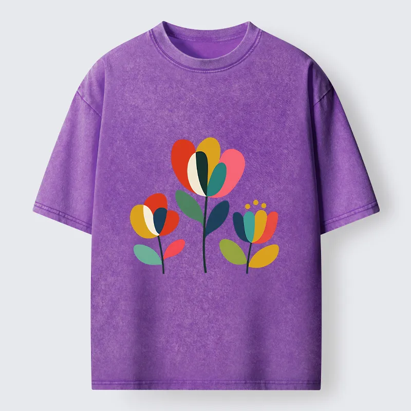 Tokyo-Tiger Modern Color Floral Art Washed T-Shirt