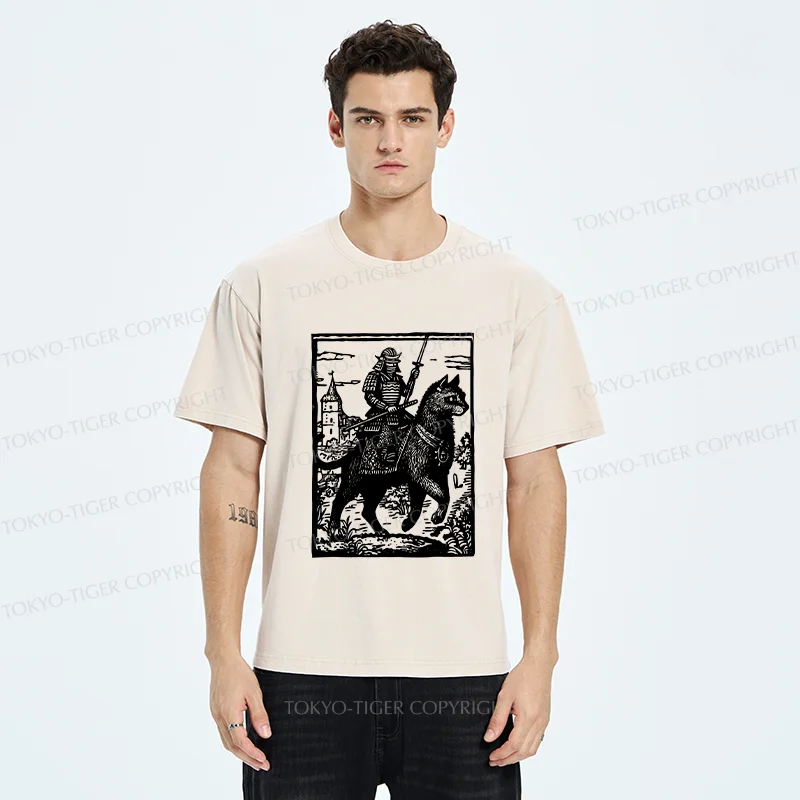 Tokyo-Tiger Samurai Riding A Cat Washed T-Shirt