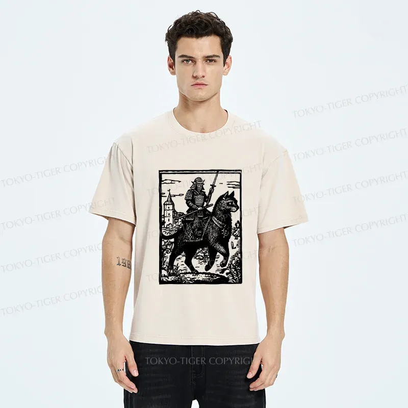 Tokyo-Tiger Samurai Riding A Cat Washed T-Shirt